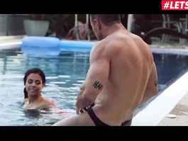 Delicious young black babe with hot tight boobs Canela Skin is enjoying interracial fuck in the pool