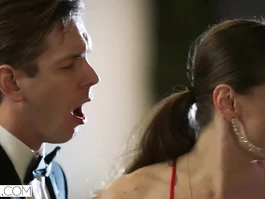 Stunning hot brunette Tori Black stays after party and gets fucked by two dudes